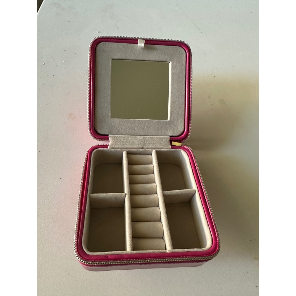Pink Faux patent Leather Jewelry Box Travel Organizer Mirror Zippered‎ Case